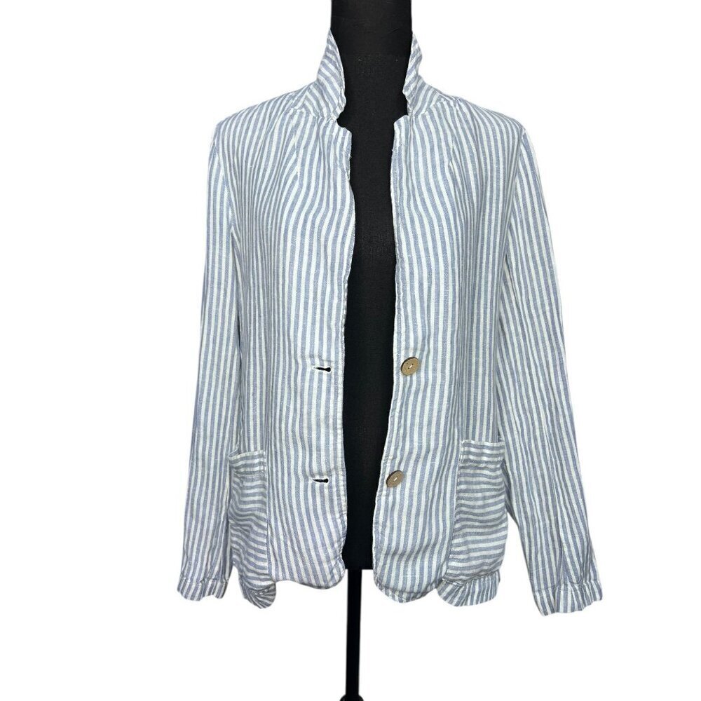 Tahari Striped 100% Linen Blazer Jacket Women SM White blue coastal effortless
